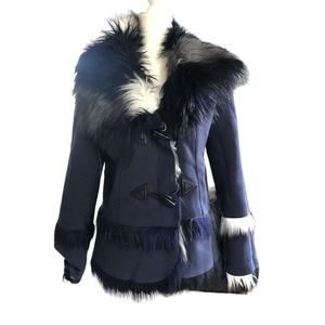 Simon Chang Reversible Blue & Black Faux Fur Coat (Size 6)